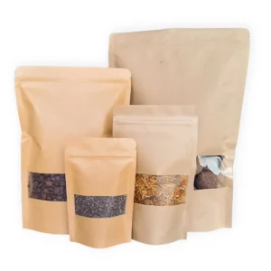 Empaques doypack kraft con ventana y cierre zipper en diferentes tamaños