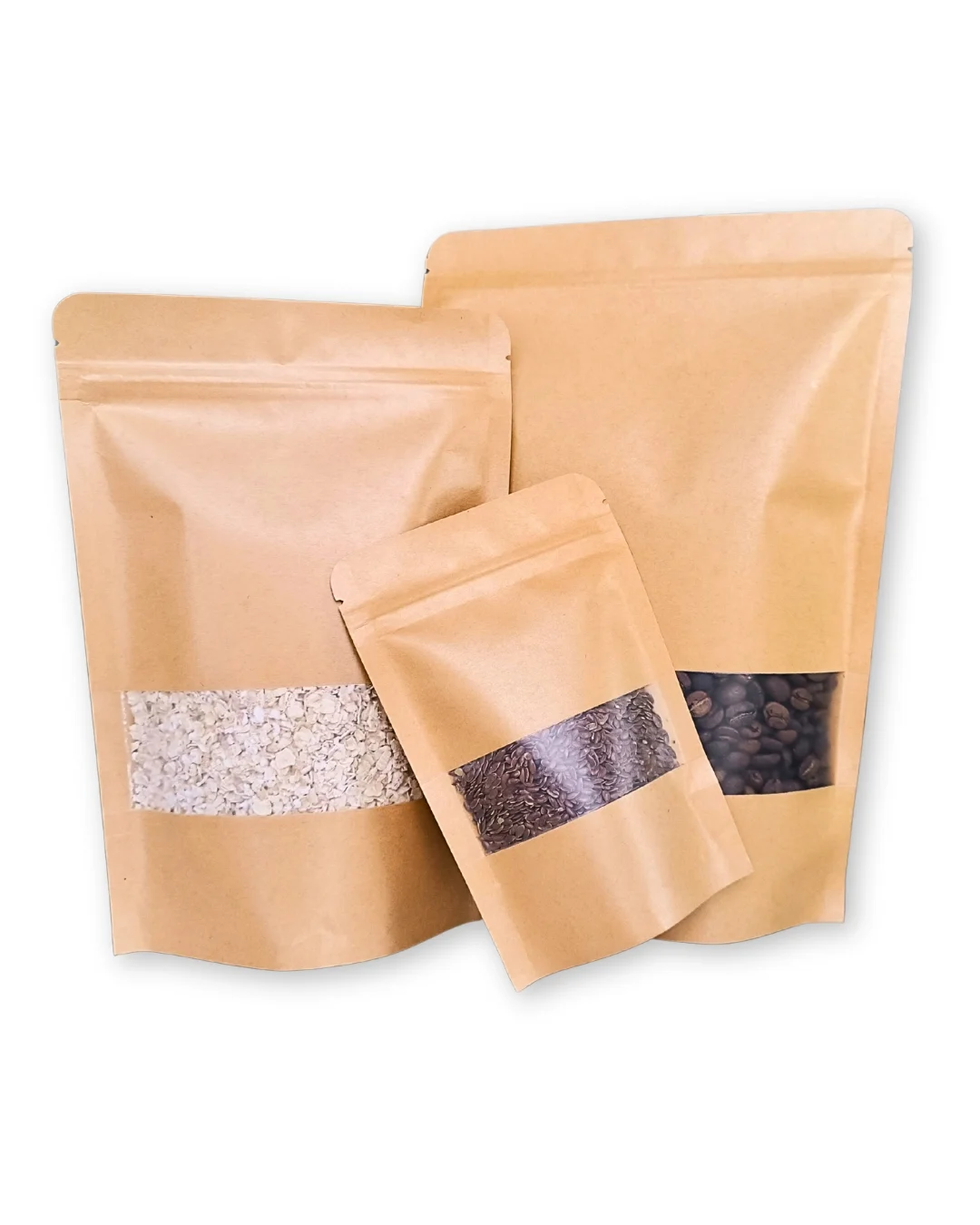 Empaques doypack kraft con ventana en diferentes tamaños para alimentos en Colombia