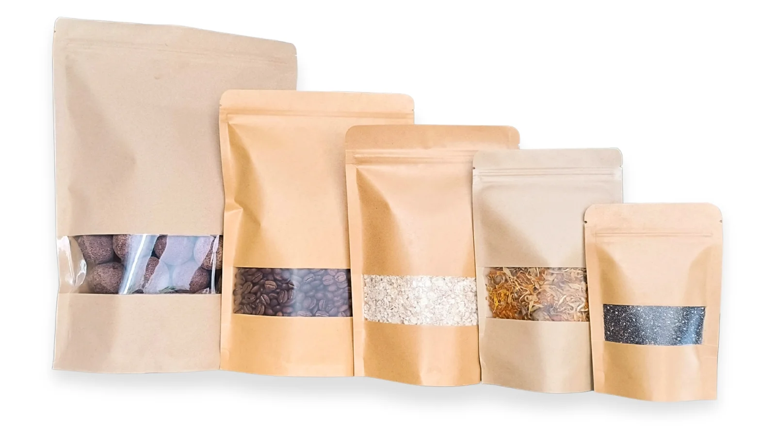 Empaques doypack kraft con ventana en diferentes tamaños para alimentos en Colombia