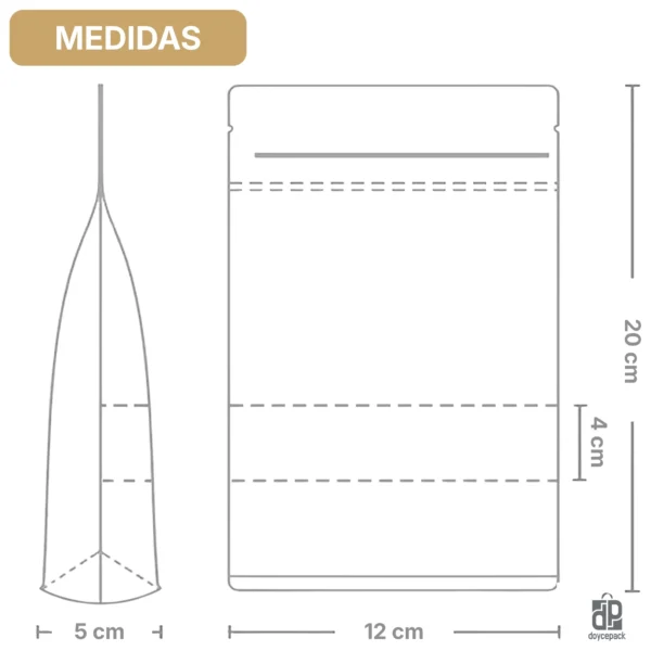 Medidas de bolsas doypack kraft 12x20 cm con fondo de 5 cm y cierre zipper